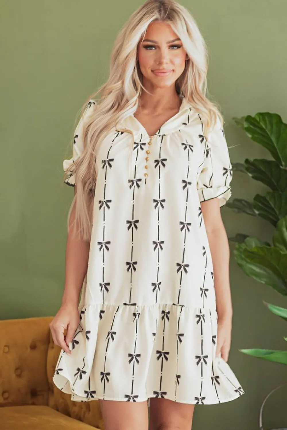 Outlet Dear-Lover Cute Bowknot Printed Bubble Sleeve V Neck Mini Dress Beige