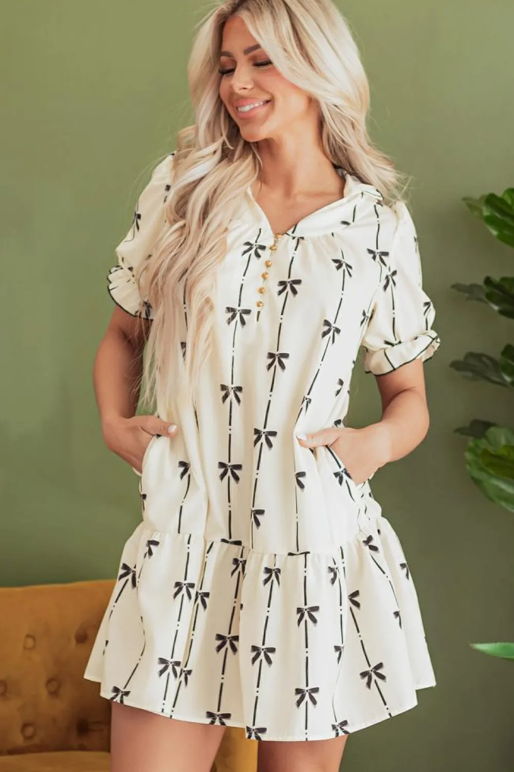 Outlet Dear-Lover Cute Bowknot Printed Bubble Sleeve V Neck Mini Dress Beige