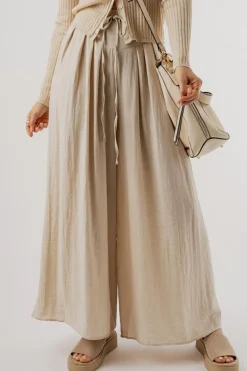 Discount Dear-Lover Drawstring Waist Pleated Wide Leg Casual Pants Beige