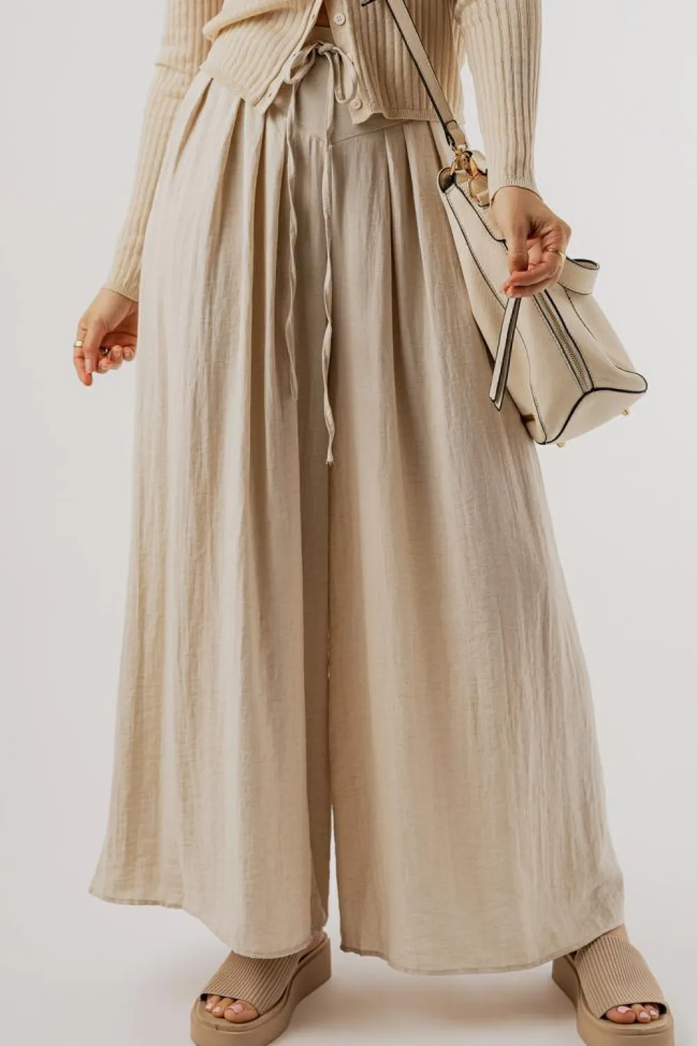 Discount Dear-Lover Drawstring Waist Pleated Wide Leg Casual Pants Beige