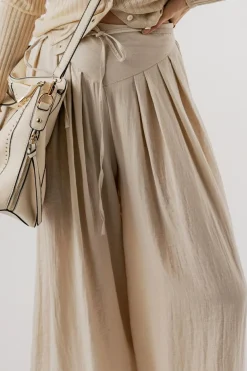 Discount Dear-Lover Drawstring Waist Pleated Wide Leg Casual Pants Beige