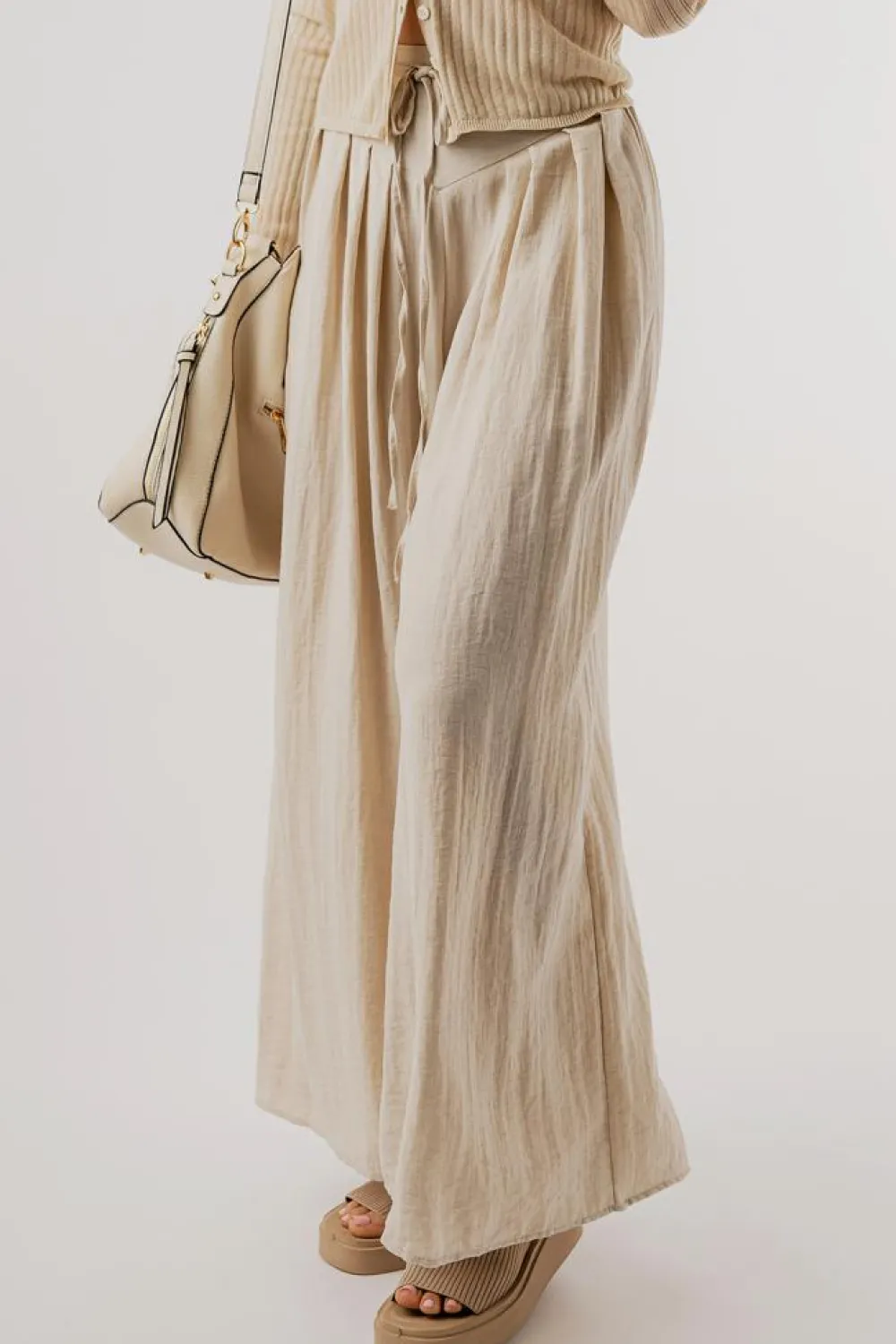 Discount Dear-Lover Drawstring Waist Pleated Wide Leg Casual Pants Beige