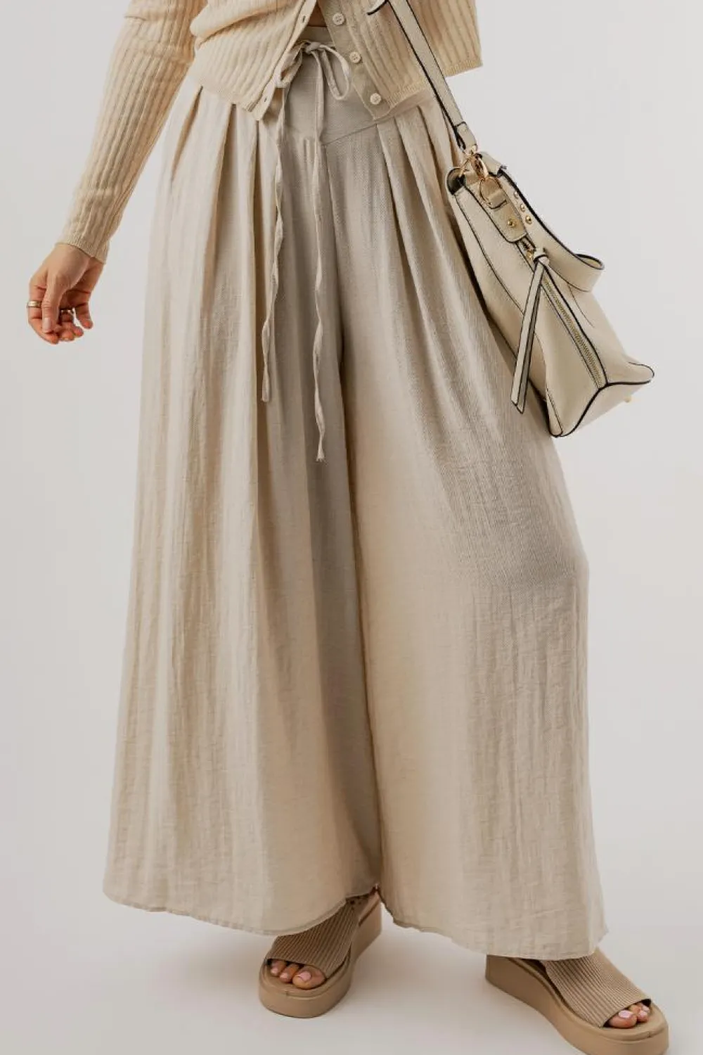 Discount Dear-Lover Drawstring Waist Pleated Wide Leg Casual Pants Beige