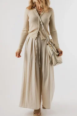 Discount Dear-Lover Drawstring Waist Pleated Wide Leg Casual Pants Beige