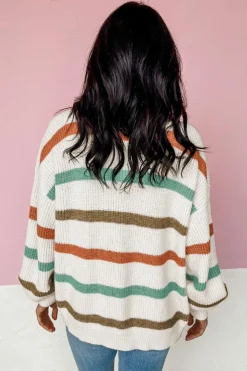 Discount Dear-Lover Drop Shoulder Pocketed Stripe Sweater Cardigan Beige