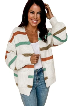 Discount Dear-Lover Drop Shoulder Pocketed Stripe Sweater Cardigan Beige