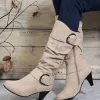 Hot Dear-Lover Dual Buckle Strap Side Zip Heeled Mid Calf Boots Beige