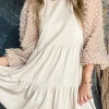 Fashion Dear-Lover Embellished Puff Sleeve Tiered A-line Dress Beige