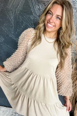 Fashion Dear-Lover Embellished Puff Sleeve Tiered A-line Dress Beige