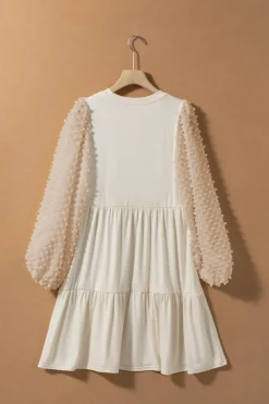 Fashion Dear-Lover Embellished Puff Sleeve Tiered A-line Dress Beige