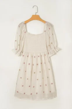 New Dear-Lover Embroidered Flower Smocked Bust Half Puff Sleeve Empire Waist Textured Flowy Dress Beige