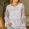 Online Dear-Lover Embroidered Mesh Flounce Sleeve Blouse Beige