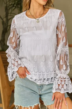 Online Dear-Lover Embroidered Mesh Flounce Sleeve Blouse Beige