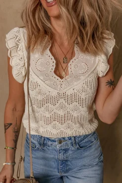 Clearance Dear-Lover Embroidered Patchwork Hollow Out Knitted Ruffle Sweater Vest Beige