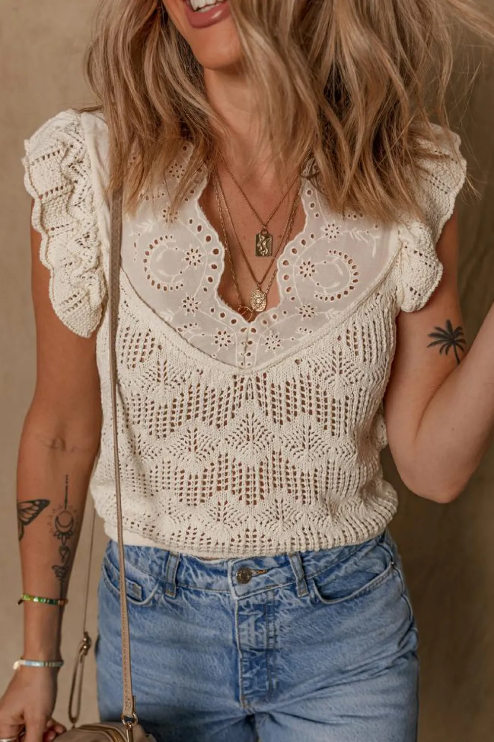 Clearance Dear-Lover Embroidered Patchwork Hollow Out Knitted Ruffle Sweater Vest Beige