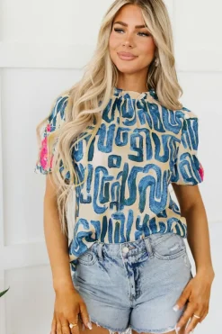 Best Dear-Lover Embroidered Puff Sleeve Frilled Neck Printed Top Beige