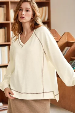 Hot Dear-Lover Exposed Seam Textured Knit V Neck Pullover Top Beige