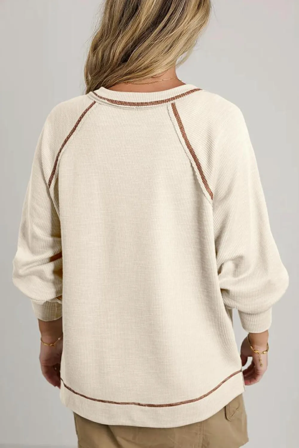 Hot Dear-Lover Exposed Seam Textured Knit V Neck Pullover Top Beige
