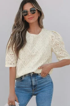 Clearance Dear-Lover Eyelet Embroidered Half Sleeve Casual Blouse Beige