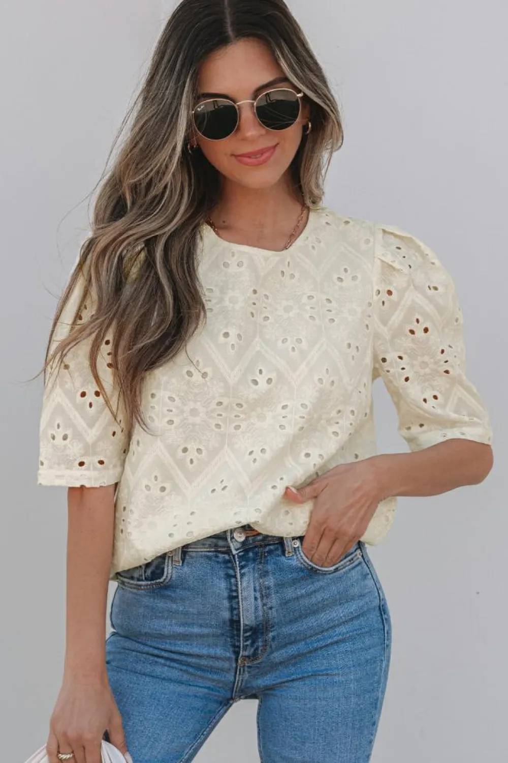 Clearance Dear-Lover Eyelet Embroidered Half Sleeve Casual Blouse Beige