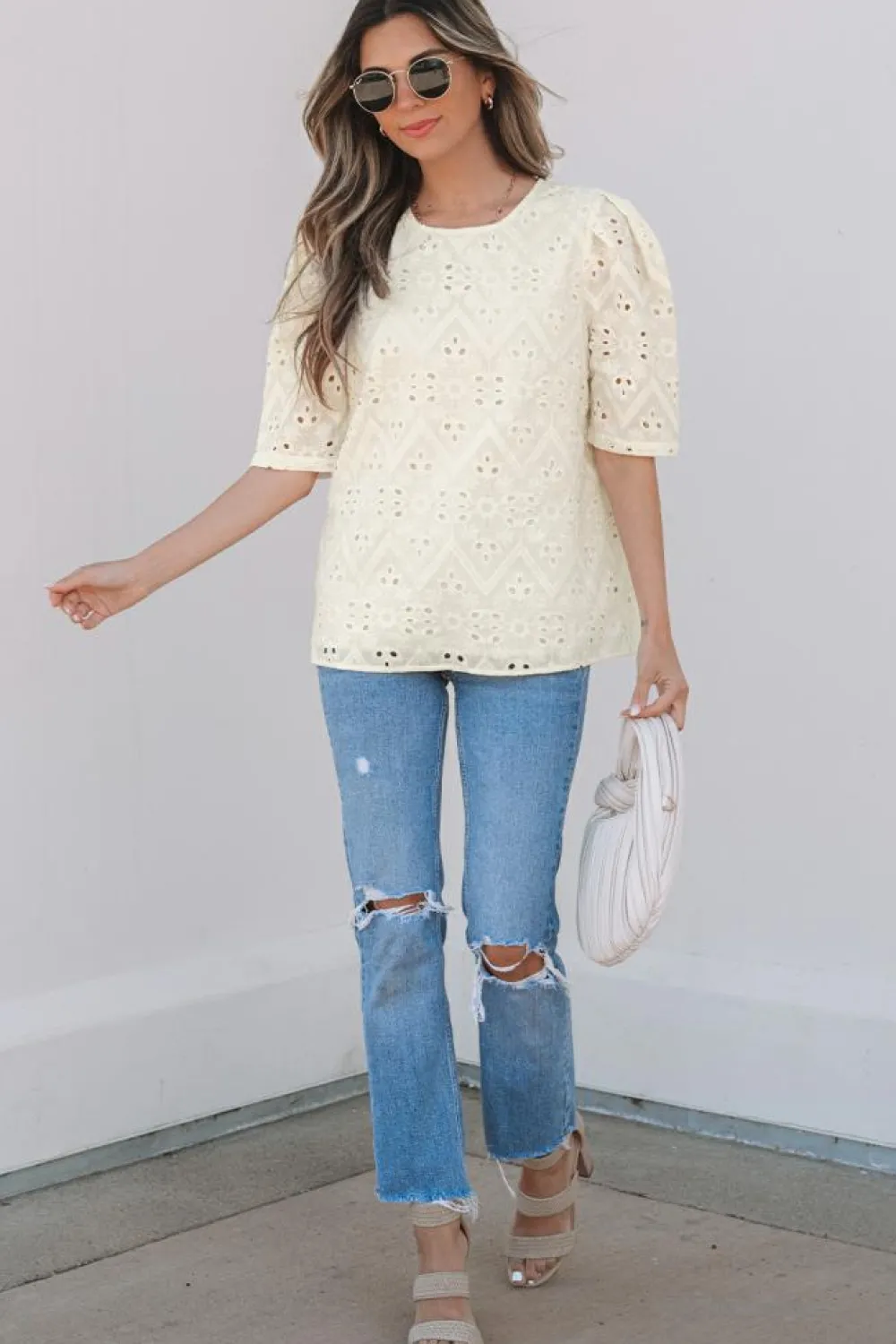 Clearance Dear-Lover Eyelet Embroidered Half Sleeve Casual Blouse Beige