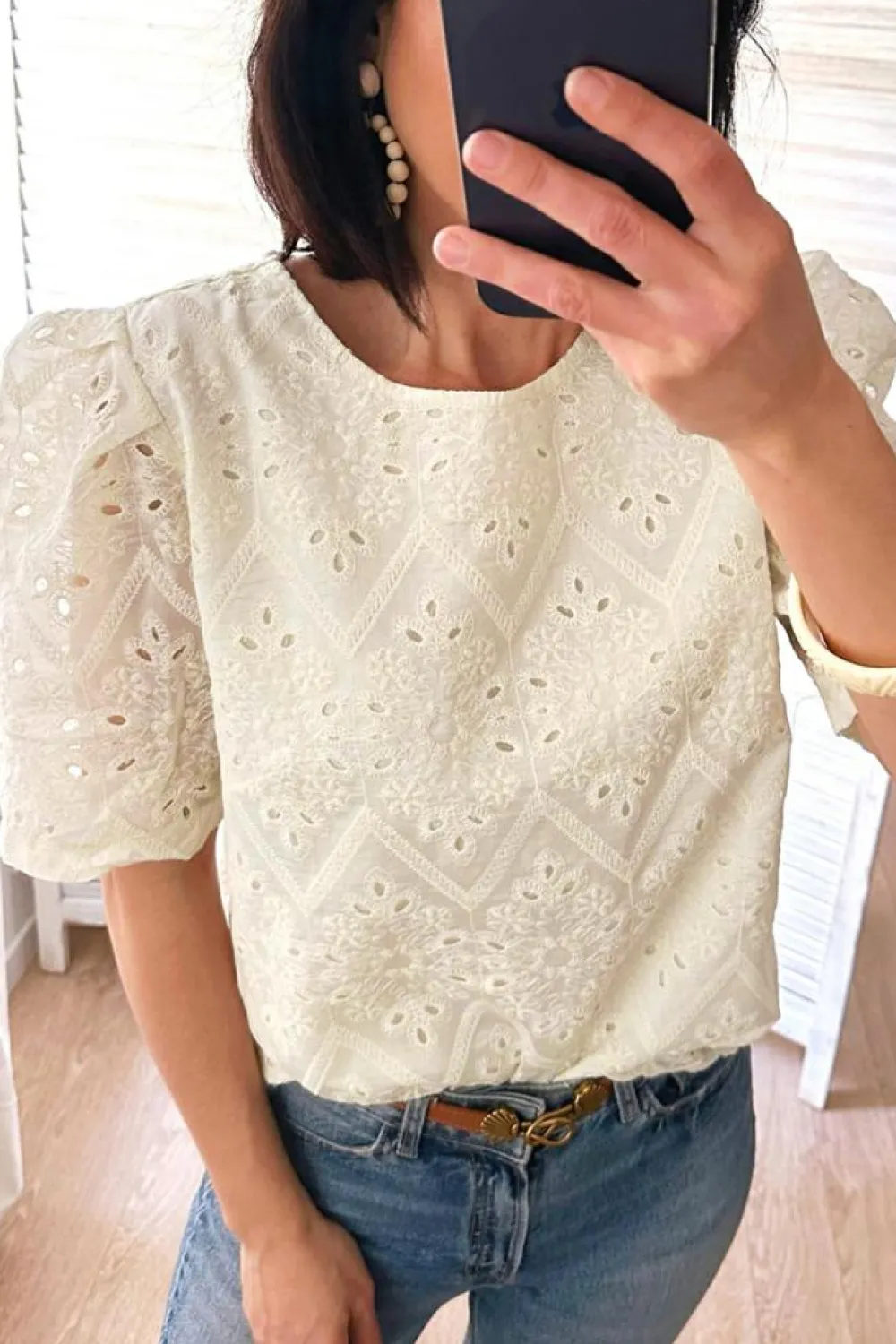 Clearance Dear-Lover Eyelet Embroidered Half Sleeve Casual Blouse Beige