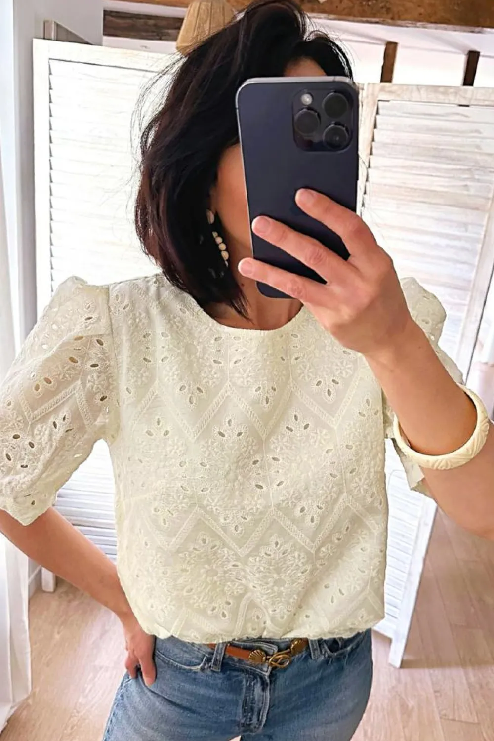 Clearance Dear-Lover Eyelet Embroidered Half Sleeve Casual Blouse Beige