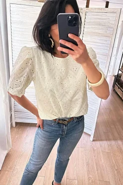 Clearance Dear-Lover Eyelet Embroidered Half Sleeve Casual Blouse Beige
