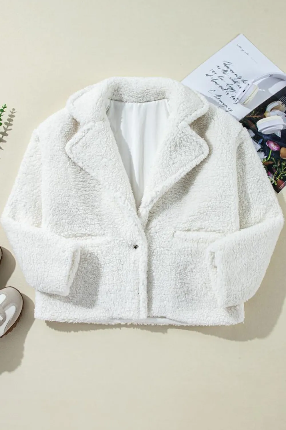 Sale Dear-Lover Faux Fur Button Pocketed Lapel Collar Jacket Beige