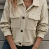 Best Dear-Lover Flap Pockets Buttoned Turn Down Collar Corduroy Shacket Beige