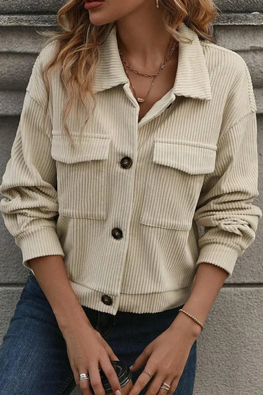 Best Dear-Lover Flap Pockets Buttoned Turn Down Collar Corduroy Shacket Beige