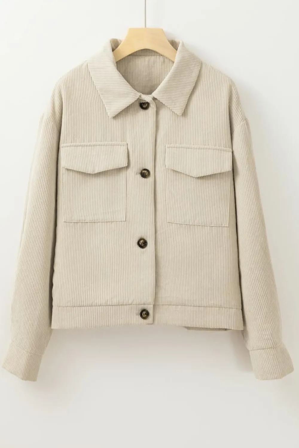 Best Dear-Lover Flap Pockets Buttoned Turn Down Collar Corduroy Shacket Beige