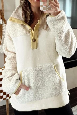 Clearance Dear-Lover Fleece Colorblock Trim Buttons Collar Sweatshirt with Pocket Beige