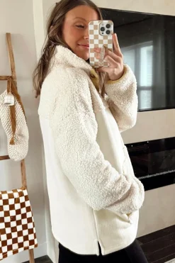 Clearance Dear-Lover Fleece Colorblock Trim Buttons Collar Sweatshirt with Pocket Beige