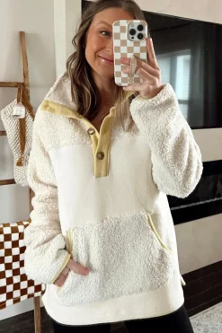 Clearance Dear-Lover Fleece Colorblock Trim Buttons Collar Sweatshirt with Pocket Beige