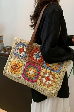 Best Dear-Lover Floral Crochet Large Square Tote Bag Beige