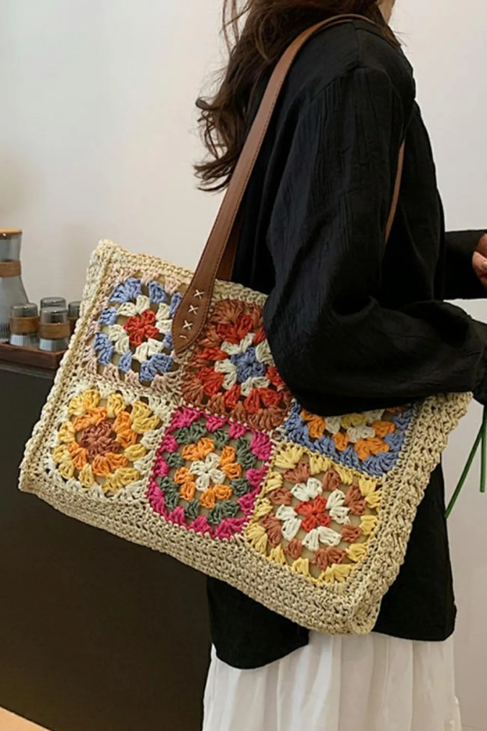 Best Dear-Lover Floral Crochet Large Square Tote Bag Beige