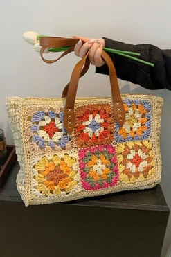 Best Dear-Lover Floral Crochet Large Square Tote Bag Beige