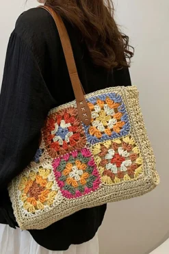 Best Dear-Lover Floral Crochet Large Square Tote Bag Beige
