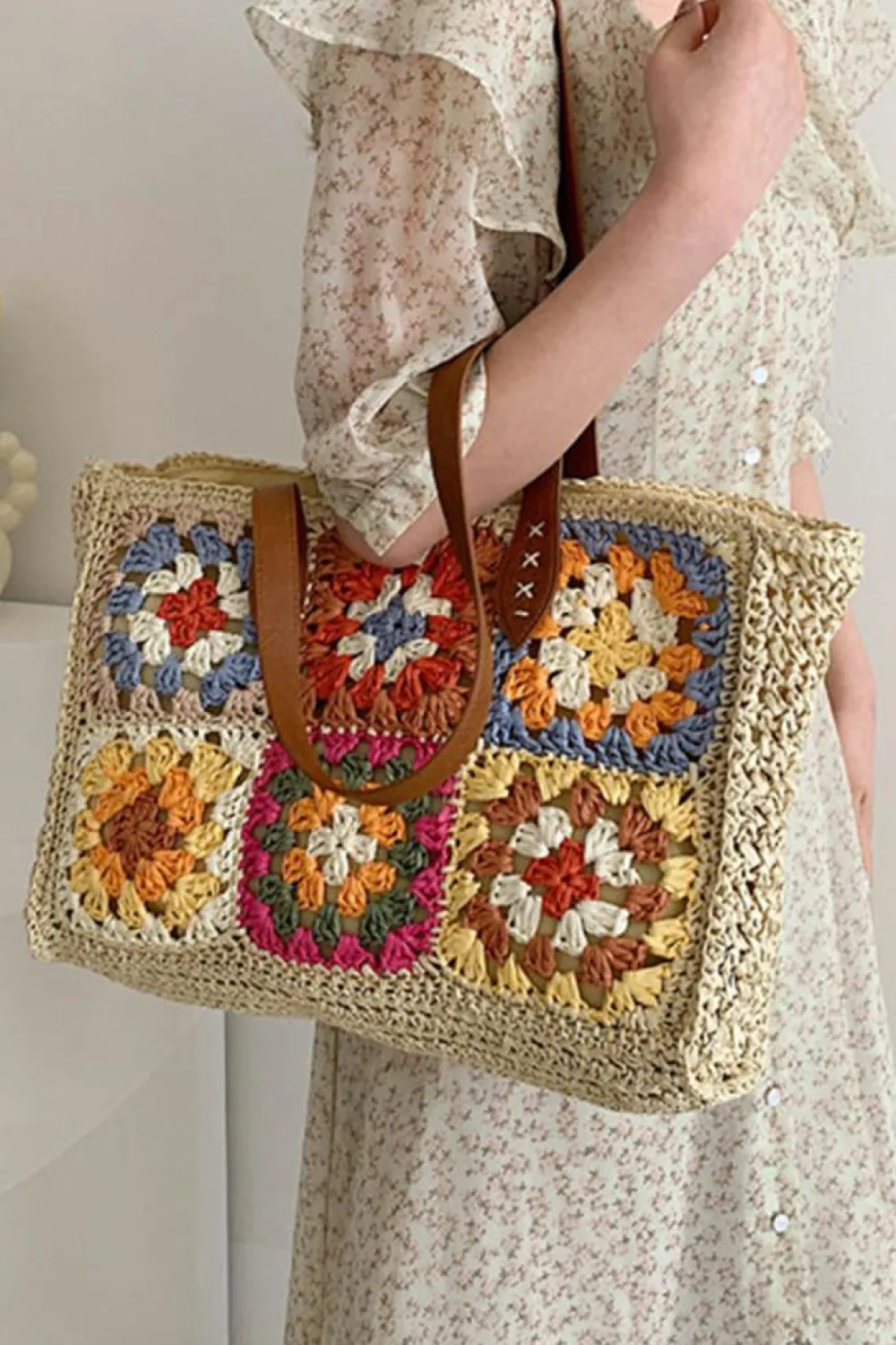 Best Dear-Lover Floral Crochet Large Square Tote Bag Beige