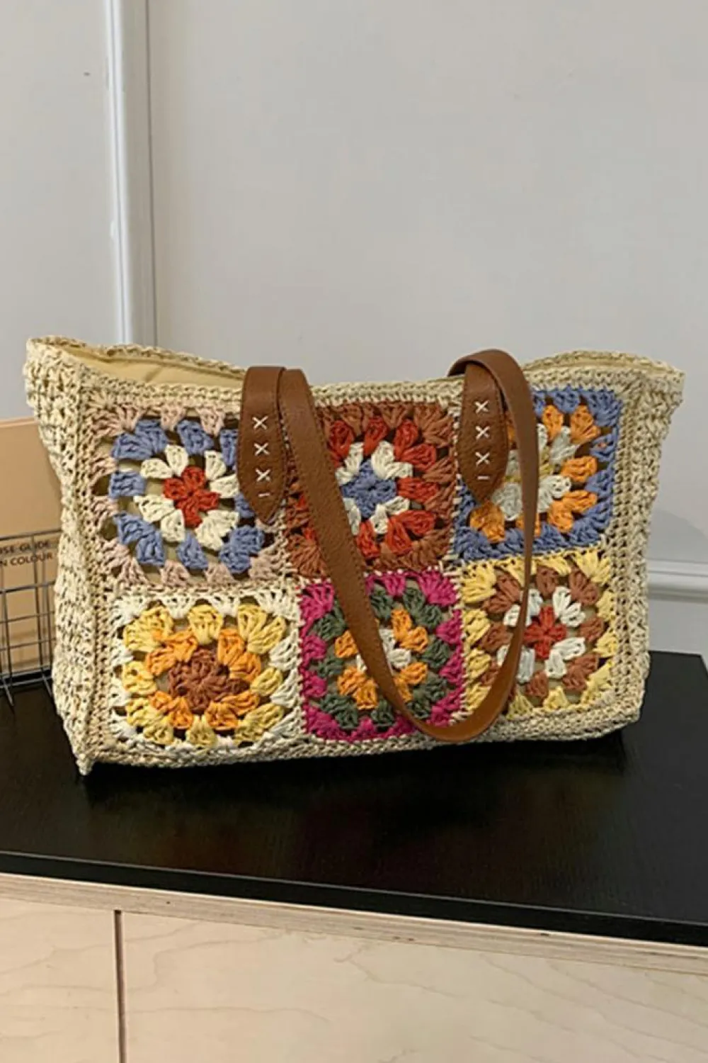 Best Dear-Lover Floral Crochet Large Square Tote Bag Beige