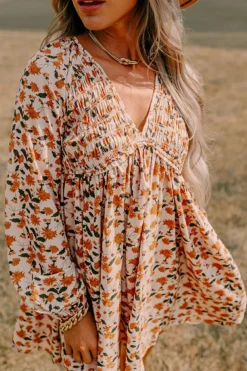 Online Dear-Lover Floral Deep V Neck Smocked Bust Bubble Sleeve Babydoll Dress Beige