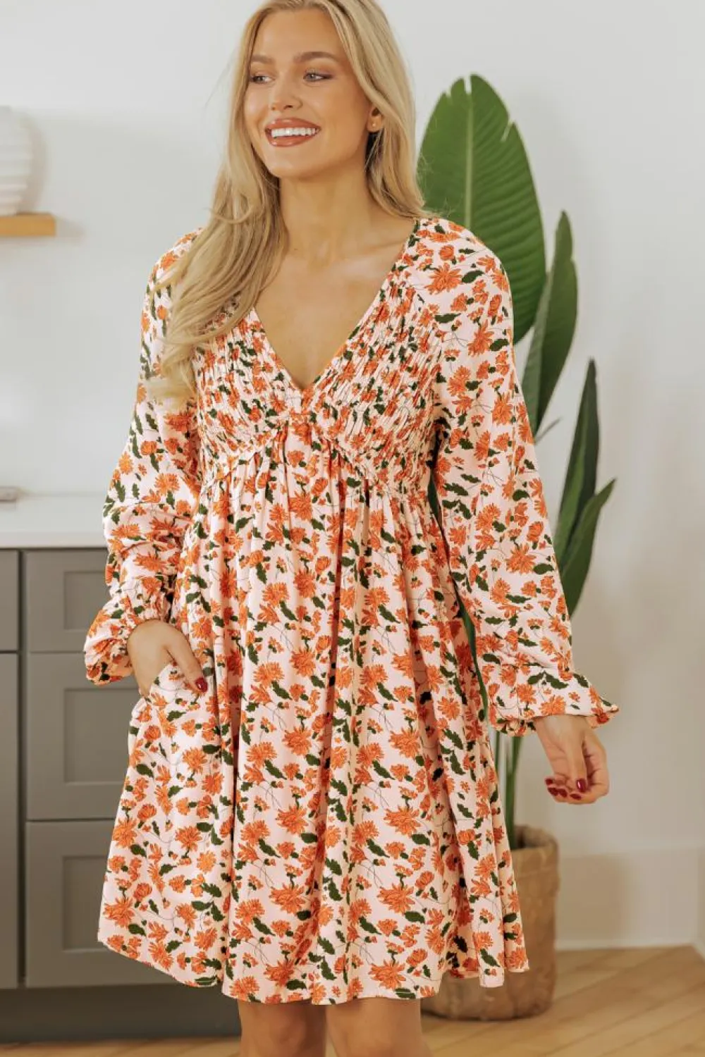 Online Dear-Lover Floral Deep V Neck Smocked Bust Bubble Sleeve Babydoll Dress Beige