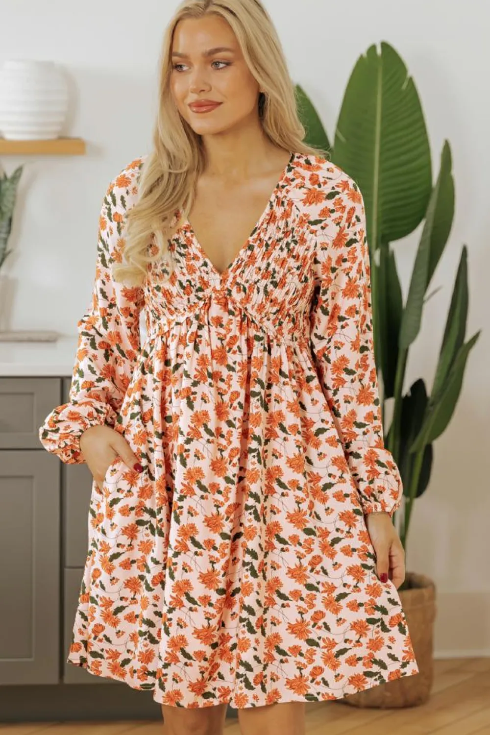 Online Dear-Lover Floral Deep V Neck Smocked Bust Bubble Sleeve Babydoll Dress Beige