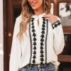 Fashion Dear-Lover Floral Embroidered Stand Neck Buttoned Shirt Beige