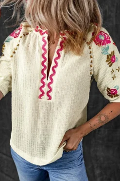 Hot Dear-Lover Floral Embroidered Ricrac Puff Sleeve Textured Blouse Beige