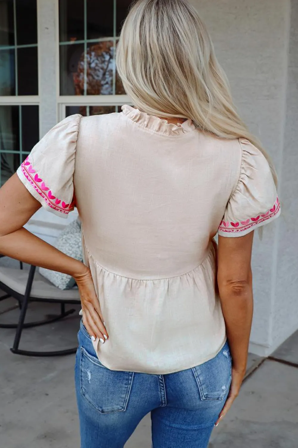 Discount Dear-Lover Floral Embroidered Short Sleeve Notched V Neck Blouse Beige
