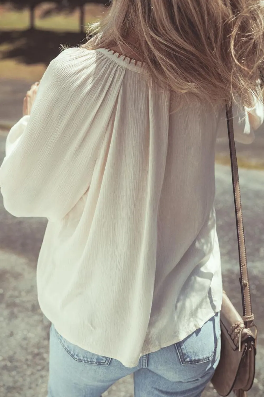 Online Dear-Lover Floral Embroidered Textured Puff Sleeve Loose Shirt Beige