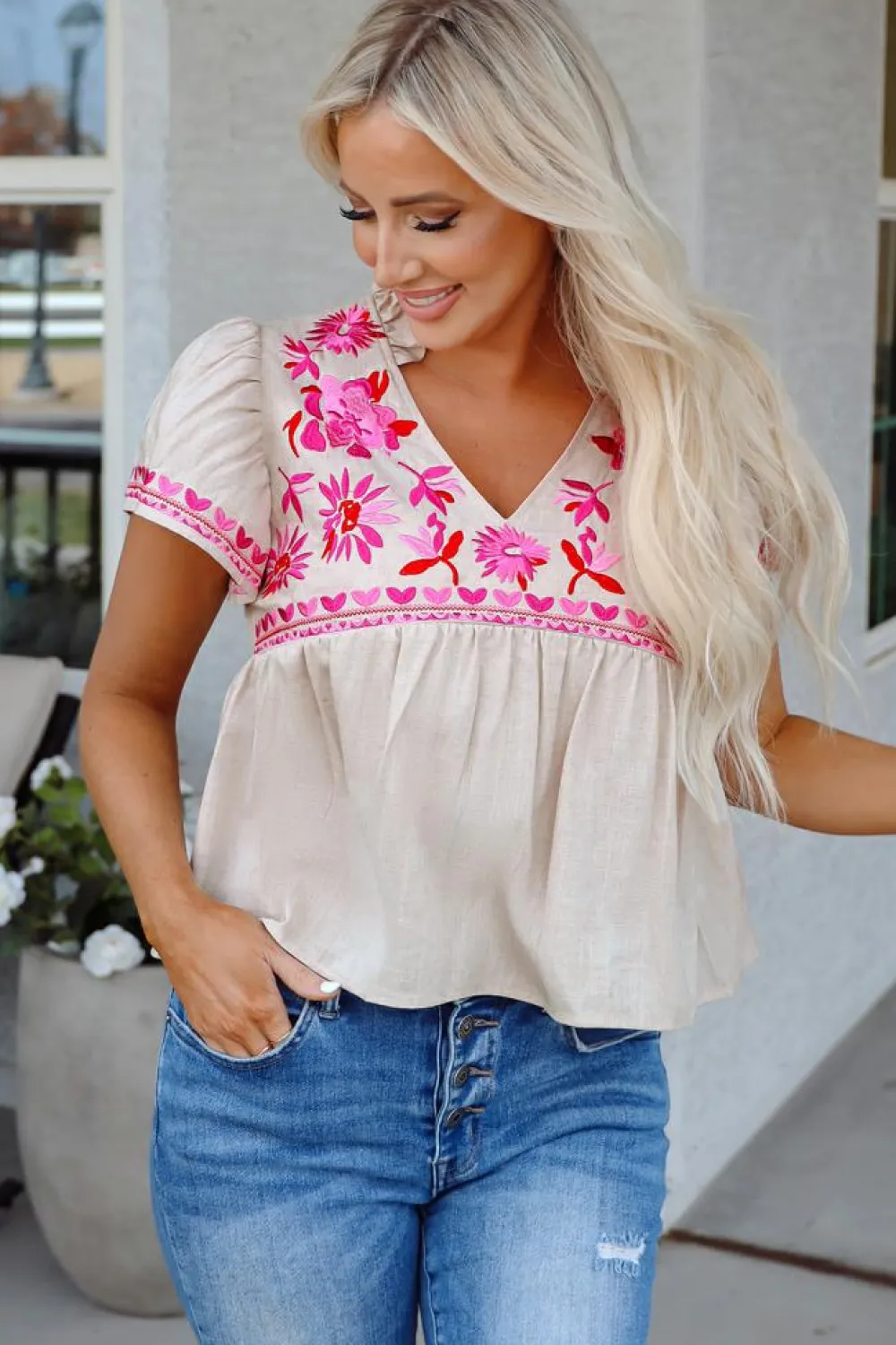 Discount Dear-Lover Floral Embroidered Short Sleeve Notched V Neck Blouse Beige