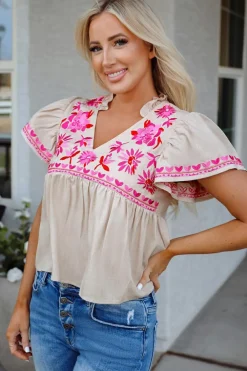 Discount Dear-Lover Floral Embroidered Short Sleeve Notched V Neck Blouse Beige